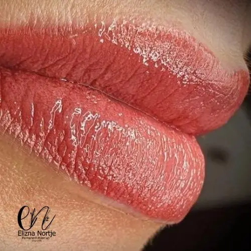 Close-up of lips with freshly done ombré lip blush permanent makeup.